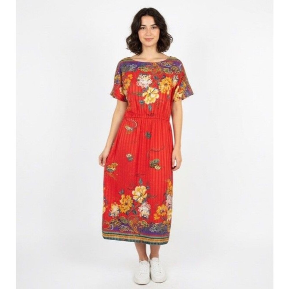 Vintage Floral 70/80s Smocked Midi Dress Vibrant Women's